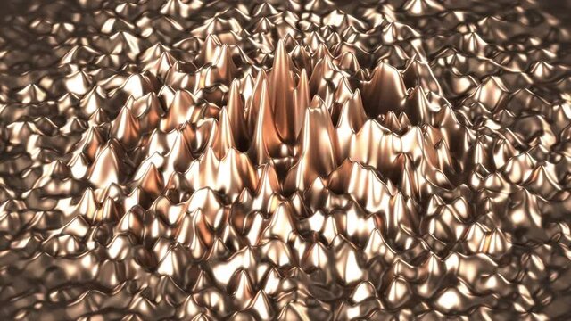 Abstract pulsating wobbling ferromagnetic golden moving fluid. Shiny liquid ripple substance. Modern nanotechnology metallic materials. 3d render elegant shape. 4K UHD