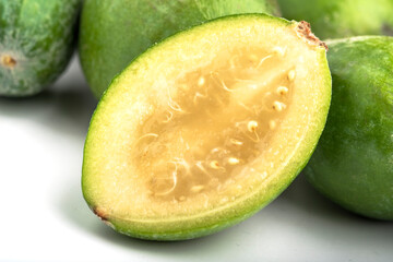 Tropical fruit feijoa (Acca sellowiana), isolated on a white background. Organic food. Organic food stock photo. Food stock photo.