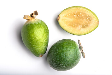 Tropical fruit feijoa (Acca sellowiana), isolated on a white background. Organic food. Organic food stock photo. Food stock photo.