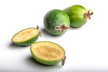 Tropical fruit feijoa (Acca sellowiana), isolated on a white background. Organic food. Organic food stock photo. Food stock photo.
