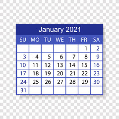 Calendar 2021. Week starts on Sunday. January