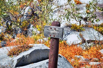 Trail Sign on Lake Mary and Twin Lakes hiking trail in Uinta Mountains from Pass Lake Trailhead, Utah, United States.