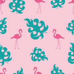 Seamless pattern of bright pink flamingos and tropical leaves on a pink background. Vector illustration for festive design, packaging, wallpaper, fabric, textile, stationery, accessories.