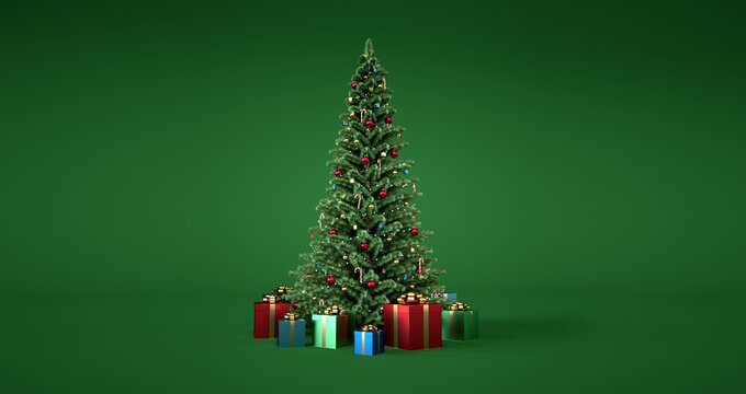 Banner With Christmas Tree And Gifts With Green Background.