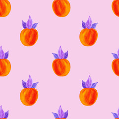 Ripe orange peaches, persimmons on a pink background. Seamless pattern illustration with acrylic.