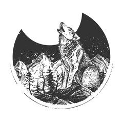 Howling wild wolf engraved sketch