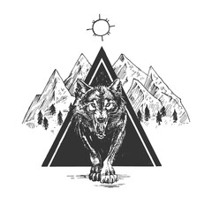 Grinning wolf over nature scene © istry