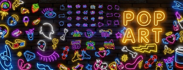 Pop art neon light sign. Bright signboard, light banner. Vector illustration Pop art icons set. Pop art neon sign. Set of neon stickers, pins, patches in 80s-90s neon style. - obrazy, fototapety, plakaty
