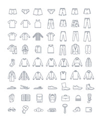 Men clothes, shoes and accessories simple line vector icons. Flat linear symbols. Male basic garments. Online shop categories. Outline infographic elements. Contour silhouettes of pants, shirts, boots