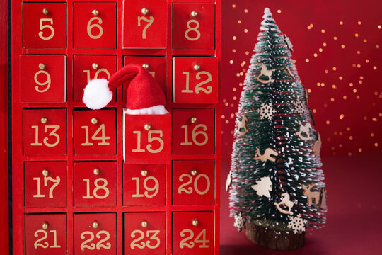 Red Wooden Advent Calendar With Surprise For Christmas