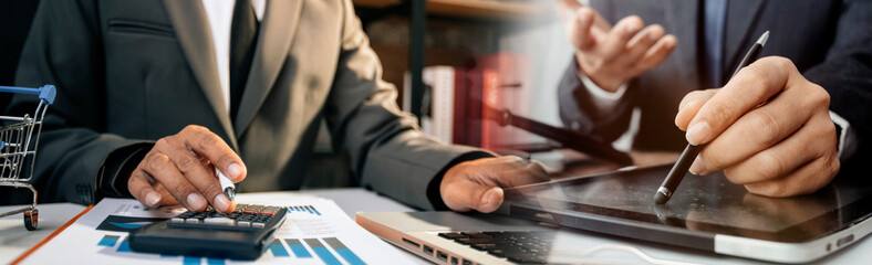 Business and lawyers discussing contract papers with brass scale on desk in office. Law, legal services, advice, justice and law concept picture with film grain effect