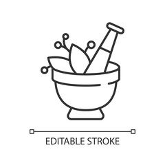 Mortar and pestle linear icon. Kitchen tool to mesh herbs. Cooking utensil to mix condiments. Thin line customizable illustration. Contour symbol. Vector isolated outline drawing. Editable stroke