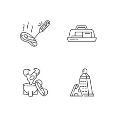 Kitchen appliance linear icons set. Food thermometer. Butter dish. Egg coddler. Cheese grater. Customizable thin line contour symbols. Isolated vector outline illustrations. Editable stroke