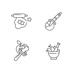 Kitchen utensils linear icons set. Cookie cutter. Pizza wheel knife. Vegetable peeler. Mortar and pestle. Customizable thin line contour symbols. Isolated vector outline illustrations. Editable stroke