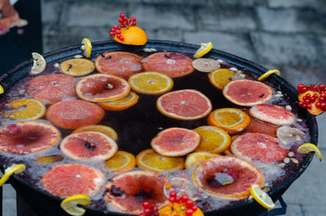hot mulled wine outside in a large pot