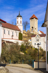 Fototapeta na wymiar Village Church And Medieval Castle - Church and castle ruins, Rechtenstein on the Danube, Baden-Württemberg, Germany.