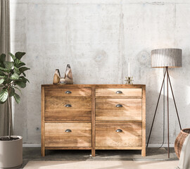 Interior scene mockup: wooden sideboard with vases and a candle on top. Floor lamp and fig tree,...