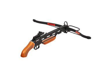 Crossbow with a wooden handle and no butt isolate on a white back. Quiet weapon for hunting and sports.