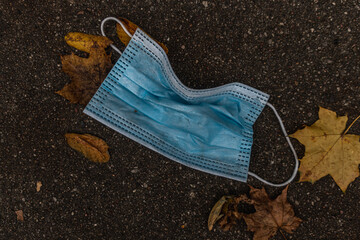 Blue Corona face mask carelessly thrown away