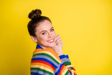 Profile side photo of young attractive girl cheerful positive smile cute adorable isolated over yellow color background