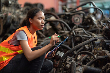Fototapeta na wymiar African American female worker in safety vest working with clipboard and checking old automotive spare parts, engine, machine for repair or maintenance in automotive spare parts storage warehouse