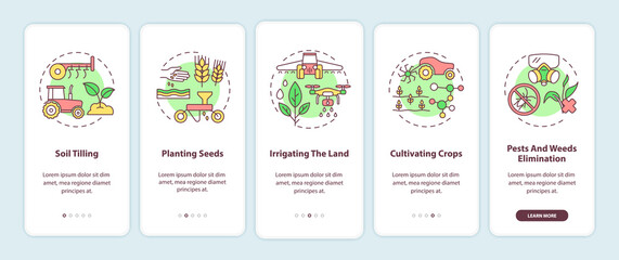 Agriculture machines tasks onboarding mobile app page screen with concepts. Soil tilling technologies walkthrough 5 steps graphic instructions. UI vector template with RGB color illustrations