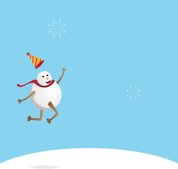 Happiness snowman with hat and scarf isolated on blue background for greeting card or any design. Vector illustration