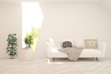 White living room with sofa. Scandinavian interior design. 3D illustration