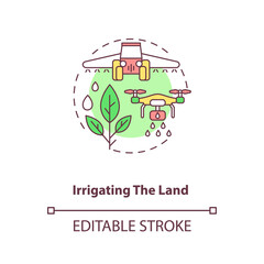 Irrigating the land concept icon. Agriculture machines tasks. Applying controlled amounts of water to plants idea thin line illustration. Vector isolated outline RGB color drawing. Editable stroke