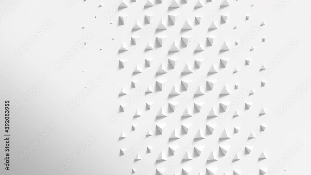 Poster white surface with wave of scaling pyramids with shadows. extruding shapes animation loop. clean bri