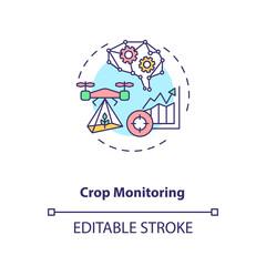 Crop monitoring concept icon. Innovative agriculture technology. Analyzing crop health and growth idea thin line illustration. Vector isolated outline RGB color drawing. Editable stroke