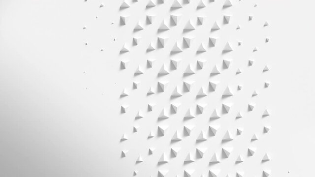 White surface with wave of scaling pyramids with shadows. Extruding shapes animation loop. Clean bright triangle motion.