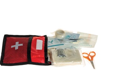 Close up view of first aid kit isolated on white background. Safety concept.