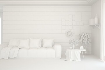 White minimalist living room with sofa. Scandinavian interior design. 3D illustration
