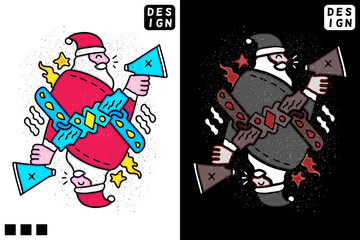 Cute Santa holding loudspeaker. Hand drawn holiday illustration in cartoon, doodle style for New Year and Christmas