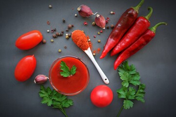 Hot pepper and sauce on a gray background.
