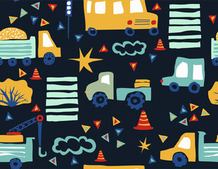 Tileable vector background for boys and children. Seamless pattern with cars, balloons and buildings. City illustration in cartoon style. Hand drawn pattern