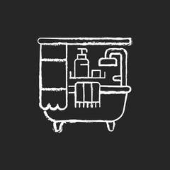 Bathroom chalk white icon on black background. Bath accessories. Bathtub and shower. Plumbing. Freestanding tub. Shower curtains. Shampoo dispenser. Isolated vector chalkboard illustration