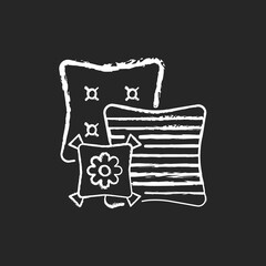Decorative pillows chalk white icon on black background. Extras to the living room sofa. Aesthetic and functional purpose. Home decor and interior design. Isolated vector chalkboard illustration