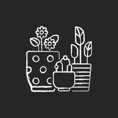 Flower planters chalk white icon on black background. Houseplants and outdoor plants. Planting bowls, vases. Flowering containers. Gardening at home. Isolated vector chalkboard illustration