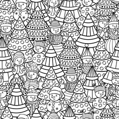 Seamless pattern with Christmas trees and snowmen, coloring page