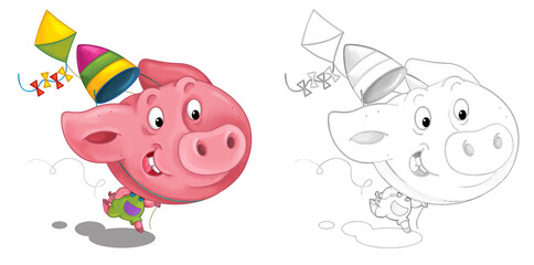 cartoon happy scene with sketch with pig having fun - illustration