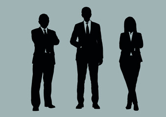 Business people group silhouettes pose on grey colour background, flat line vector and illustration.