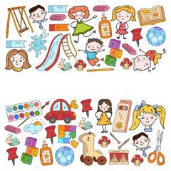 Kindergarten. Vector pattern with toys and small children. Preschool education.