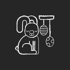 Easter decorations chalk white icon on black background. Easter-themed baskets, decorated eggs, chicks and bunnies. Seasonal spring decor. Interior design. Isolated vector chalkboard illustration