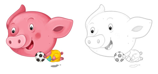 cartoon happy scene with sketch with pig having fun - illustration