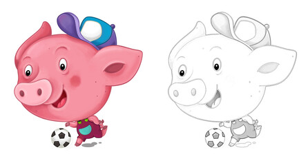 cartoon happy scene with sketch with pig having fun - illustration