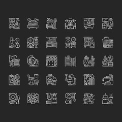 Home and living chalk white icons set on black background. House decorations. Contemporary style. Kitchen appliances. Home textile. Kitchen linen. Isolated vector chalkboard illustrations