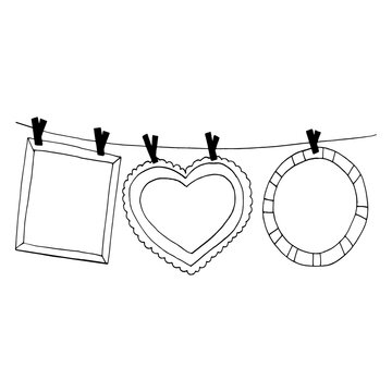 heart and frame hang on clothespins on a thread sketch hand drawn doodle. template poster, card, decor, vector, monochrome, minimalism, love, valentine day.