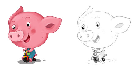 cartoon happy scene with sketch with pig having fun - illustration